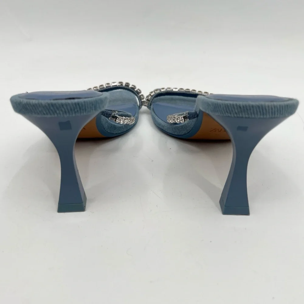 Zara denim Blue Rhinestone Slide Strappy square toed Heels new size 39 - Picture 4 of 6